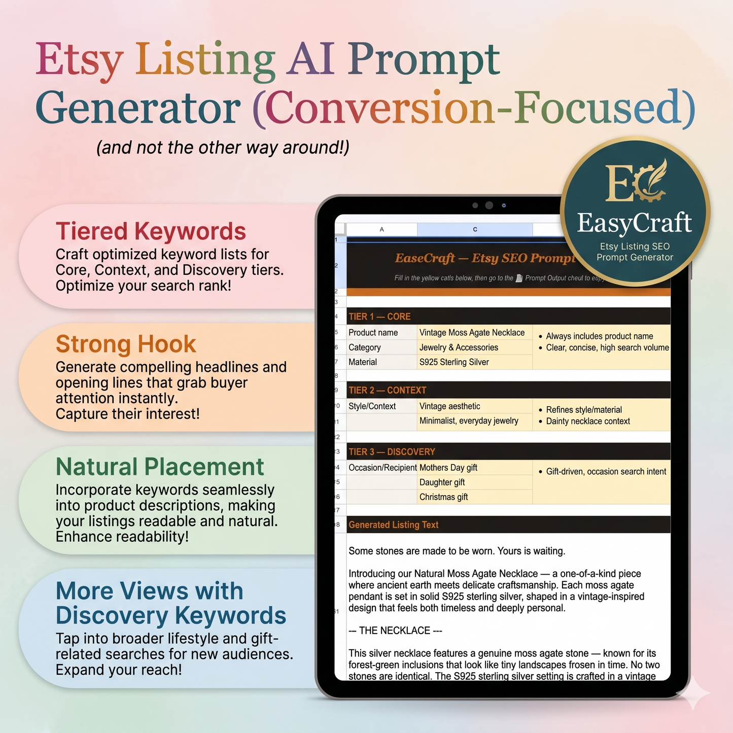 Etsy Listing Prompt Generator Excel Template, SEO Optimized